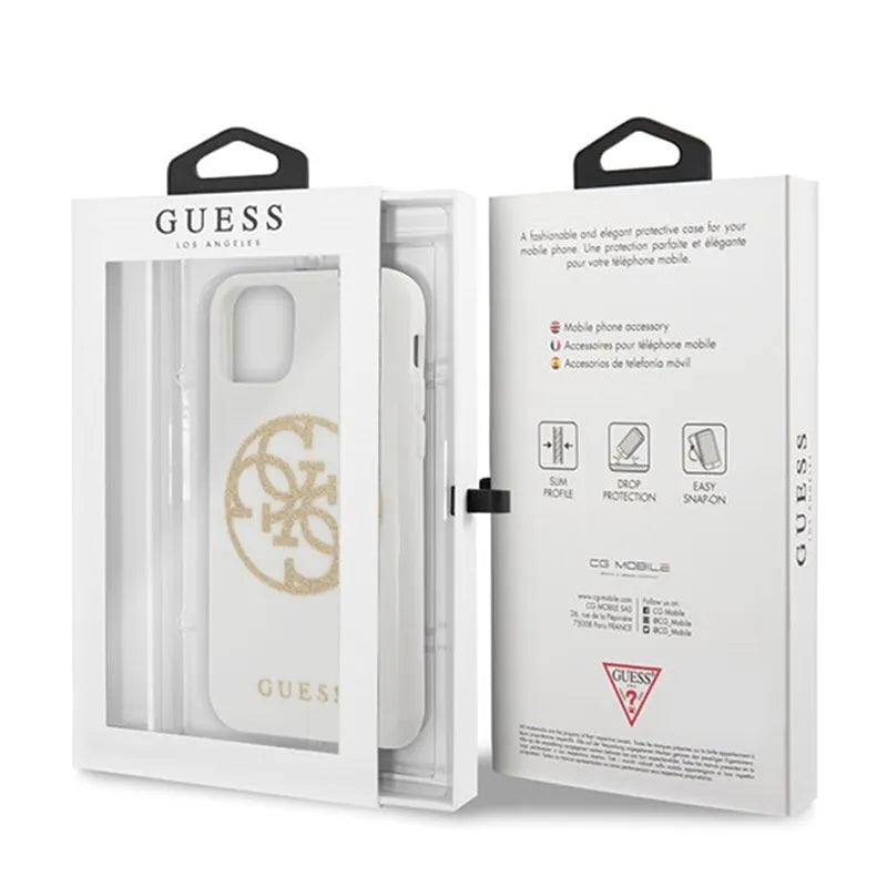 Guess Circle Glitter 4G – dėklas „iPhone 11 Pro Max“ (baltas)