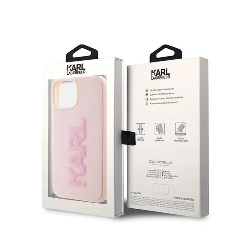 Karl Lagerfeld 3D Rubber Glitter Logo – dėklas iPhone 15 Plus telefonui (rožinis)