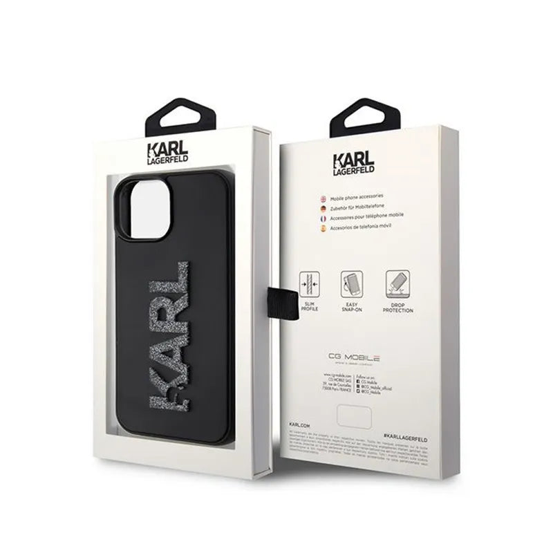 Karl Lagerfeld 3D Rubber Glitter Logo dėklas, skirtas iPhone 15 (juodas)