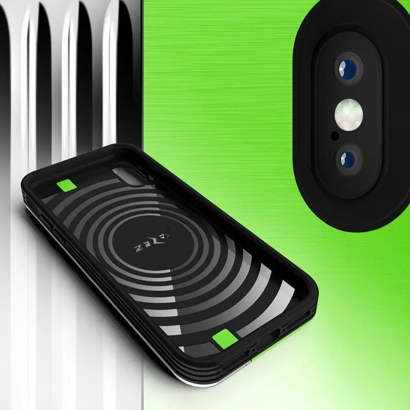 „Zizo Retro Series“ – nugarėlės tipo dėklas su pinigine, magnetiniu užsegimu ir integruotu stoveliu, skirtas „iPhone Xs / X“ (neoninė žalia/sidabrinė)