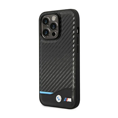 BMW Leather Carbon Blue Line - Dėklas iPhone 14 Pro (Juodas)