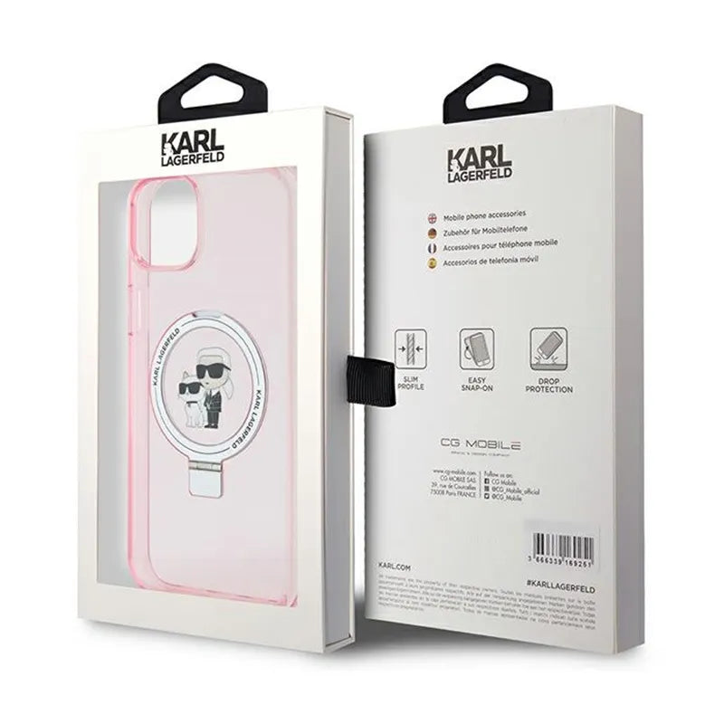 Karl Lagerfeld Ring Stand Karl & Choupette MagSafe dėklas, skirtas iPhone 15 Plus (rožinis)