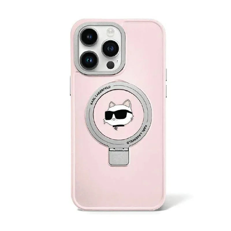 Karl Lagerfeld Ring Stand Choupette Head MagSafe – dėklas iPhone 15 Pro (rožinis)