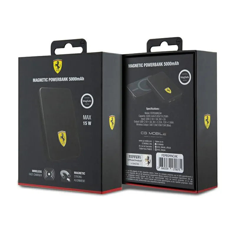Ferrari Metal Logo MagSafe – indukcinis maitinimo blokas 5000 mAh 15 W MagSafe (juodas)