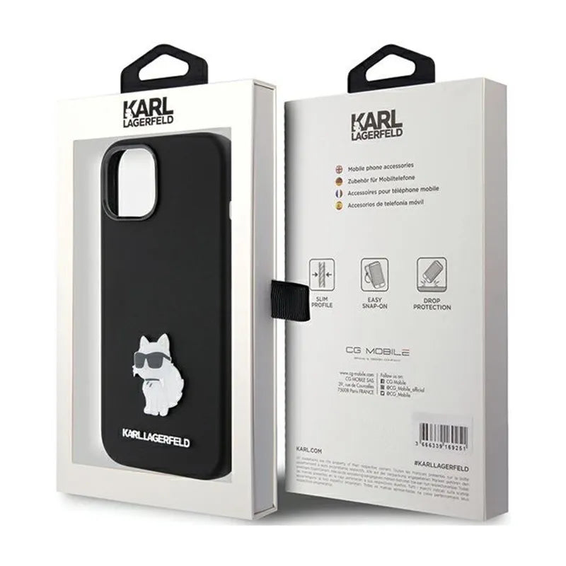 Karl Lagerfeld Silicone Choupette Metal Pin dėklas, skirtas iPhone 15 Plus (juodas)