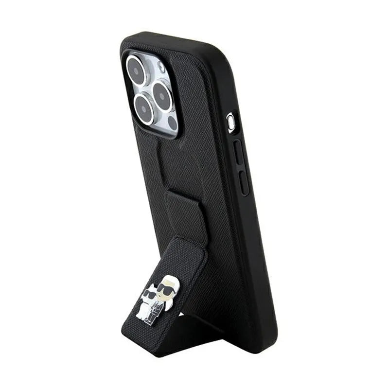 Karl Lagerfeld Gripstand Saffiano Karl & Choupette Pins – dėklas, skirtas iPhone 13 Pro (juodas)