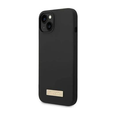 Guess Silicone Logo Plate MagSafe – dėklas iPhone 14 Plus (juodas)