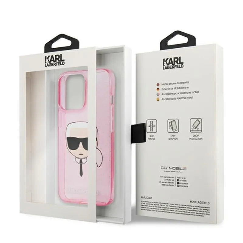 Karl Lagerfeld Karl’s Head Glitter – dėklas iPhone 13 Pro Max telefonui (rožinis)