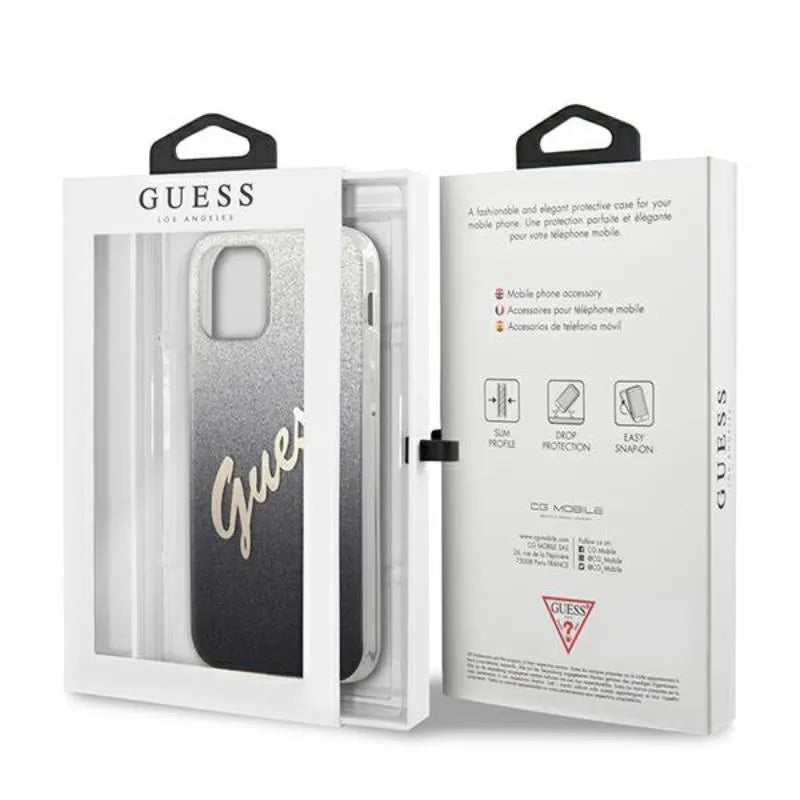 Guess Glitter Gradient Script – Dėklas, skirtas iPhone 12 Pro Max (juodas)