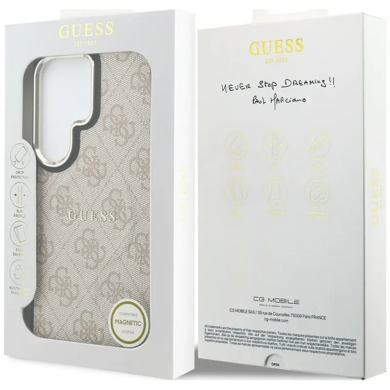 Guess 4G Embossed Ring MagSafe – Samsung Galaxy S26 Ultra dėklas (rožinis)