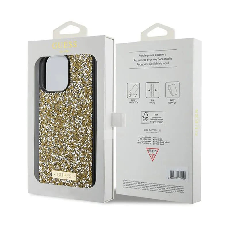 Guess Rhinestone Metal Logo – dėklas iPhone 15 Pro (geltonas)
