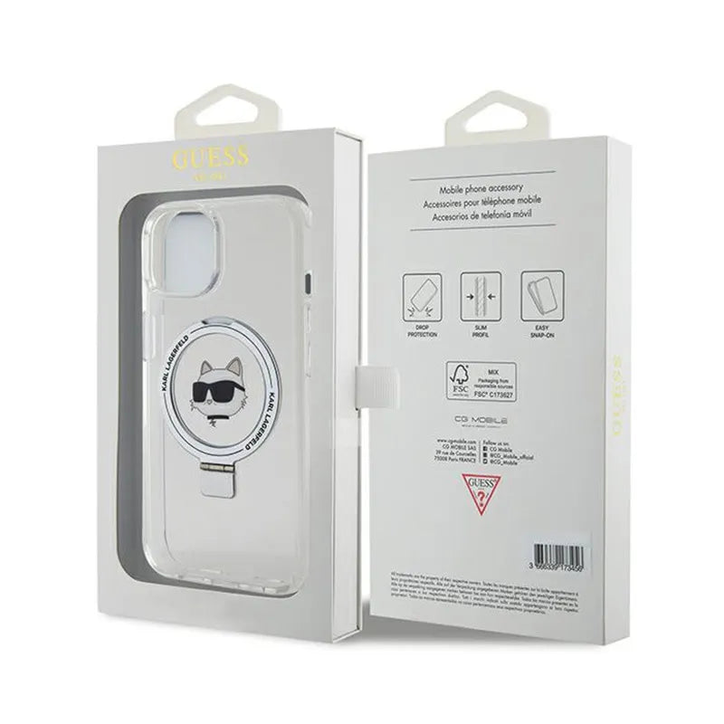 Karl Lagerfeld Ring Stand Choupette Head MagSafe – dėklas iPhone 15 telefonui (baltas)