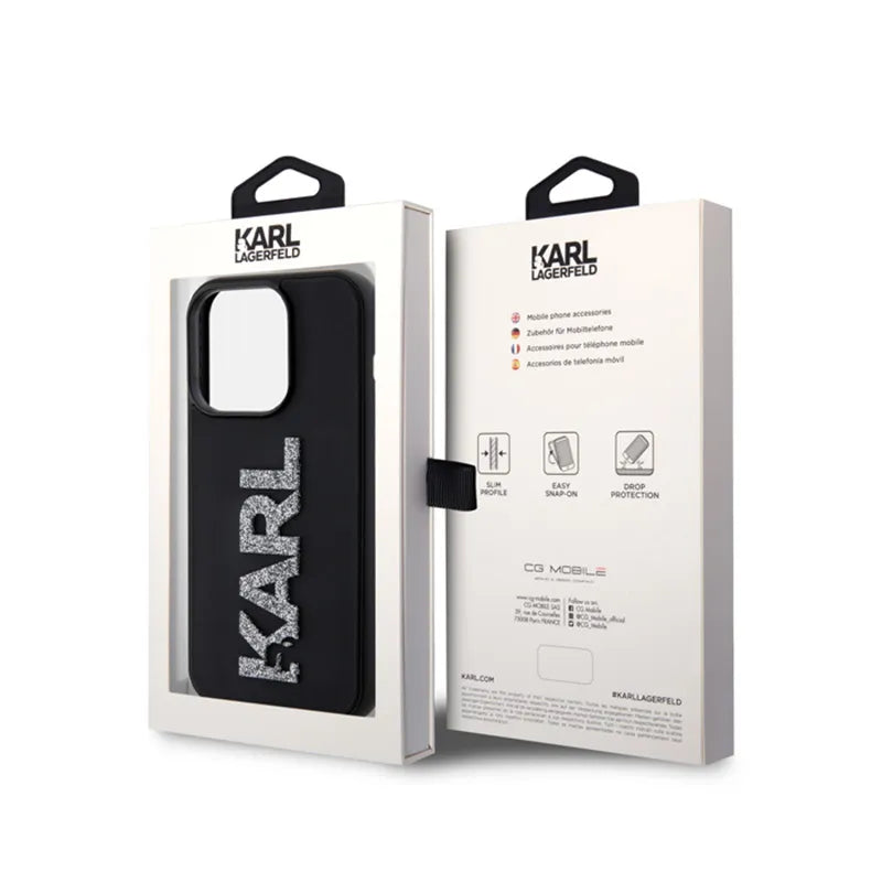 Karl Lagerfeld 3D Rubber Glitter Logo – dėklas iPhone 15 Pro Max (juodas)