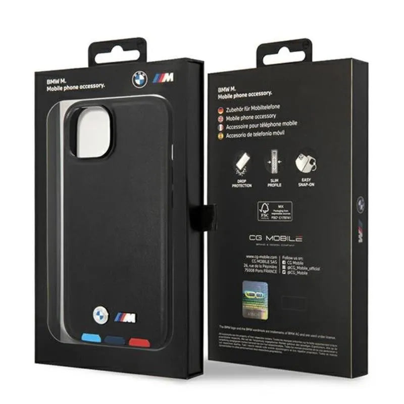BMW Leather Hot Stamp Tricolor – dėklas iPhone 14 Plus (juodas)