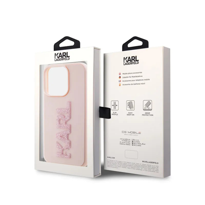 Karl Lagerfeld 3D Rubber Glitter Logo – dėklas iPhone 15 Pro Max (rožinis)