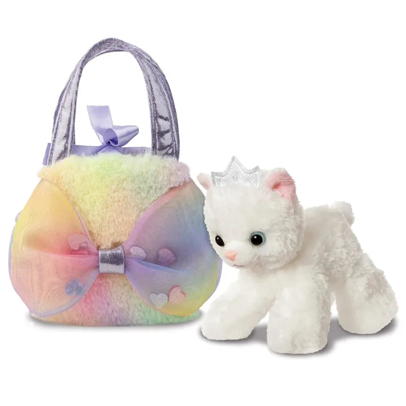 Fancy Pals – pliušinė katytė „Big Bow Princess“ su sidabrine karūna spalvingame krepšyje, 20 cm, ekologiška