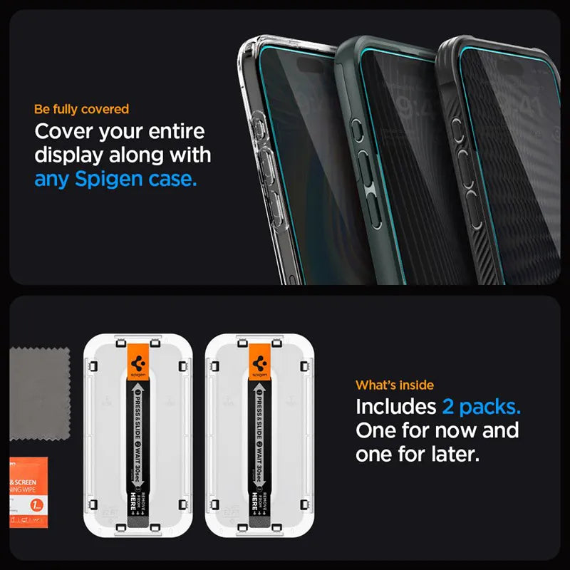 Spigen GLAS.TR EZ FIT Privacy 2-Pack – grūdintas stiklas su privatumo filtru, skirtas iPhone 15 / 16, 2 vnt.