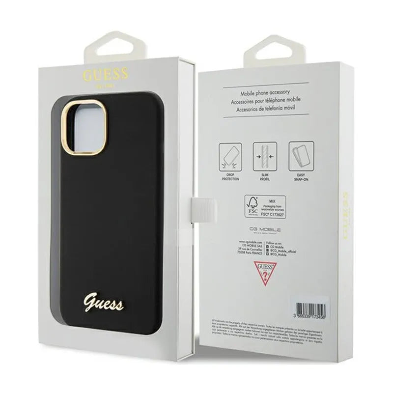 Guess Silicone Script Metal Logo & Frame dėklas – iPhone 15 (juodas)