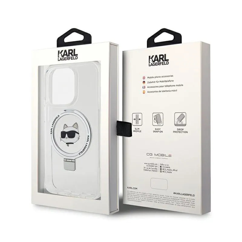 Karl Lagerfeld Ring Stand Choupette Head MagSafe – dėklas iPhone 15 Pro Max (baltas)