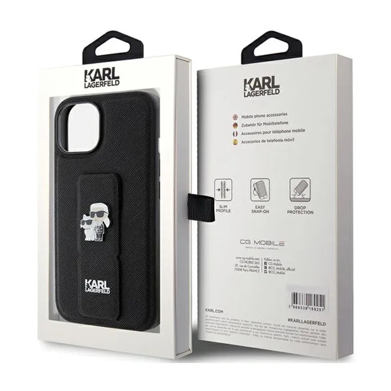 Karl Lagerfeld Gripstand Saffiano Karl & Choupette Pins – dėklas iPhone 15 (juodas)