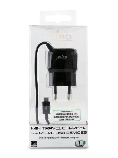 PURO mini kelioninis įkroviklis – nešiojamasis sieninis įkroviklis su „Micro USB“ kabeliu (juodas)