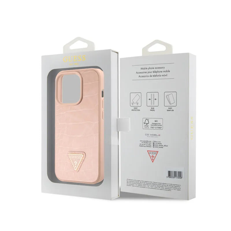 Guess Croco Triangle Metal Logo – dėklas iPhone 15 Pro telefonui (rožinis)