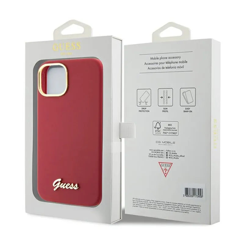 Guess Silicone Script Metal Logo & Frame dėklas iPhone 15 telefonui (purpurinis)