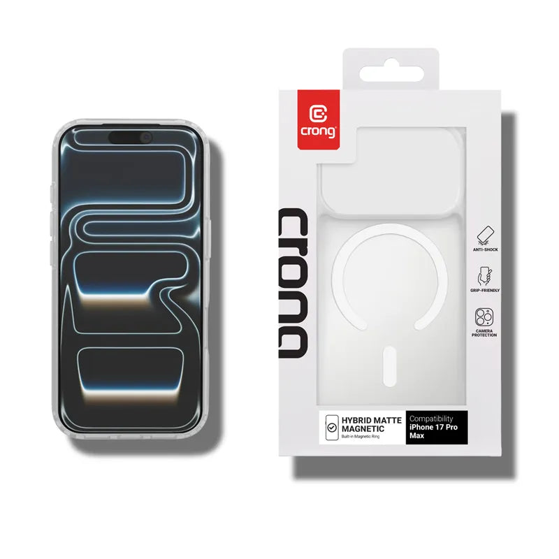„Crong Hybrid Matte Magnetic“ – „MagSafe“ dėklas, skirtas „iPhone 17 Pro Max“ (baltas)