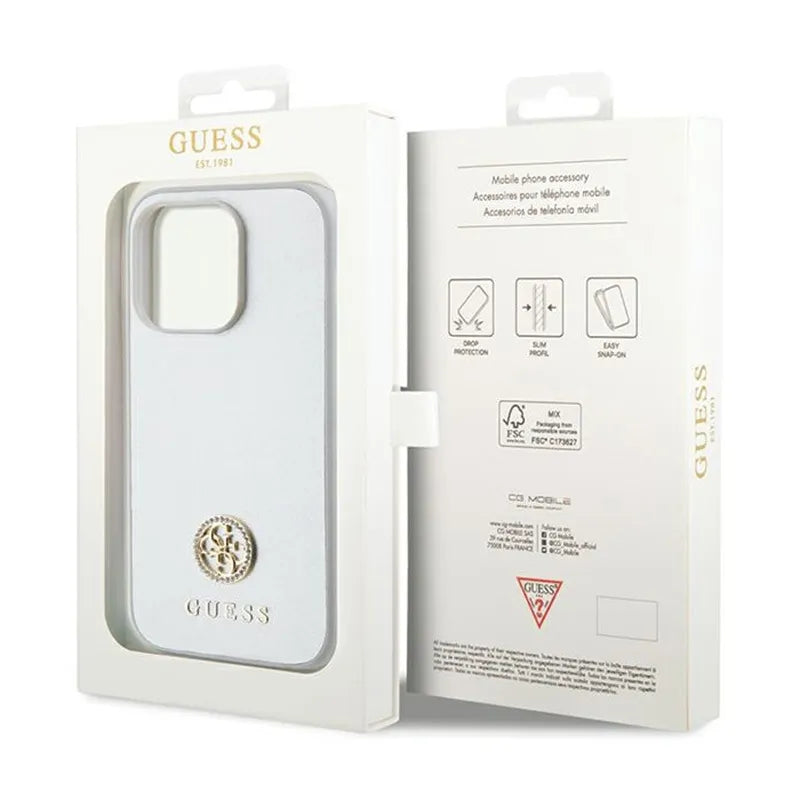 Guess 4G Strass Metal Logo - dėklas iPhone 15 Pro (sidabrinis)