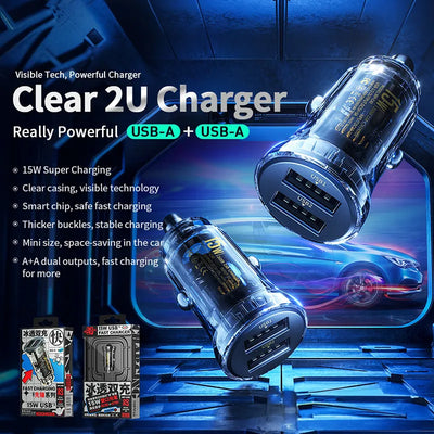 WEKOME WP-C40 Vanguard Series – automobilinis įkroviklis 2 x USB greitas įkrovimas 15W (juodas / permatomas)