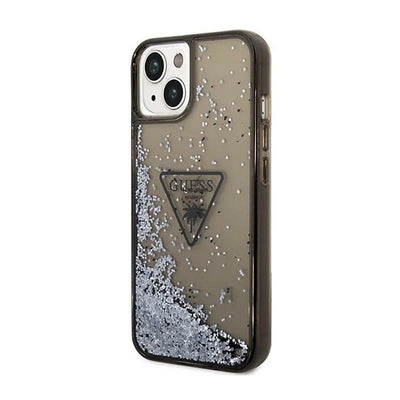 Guess Liquid Glitter Triangle Logo dėklas - Dėklas iPhone 14 Plus (Juodas)