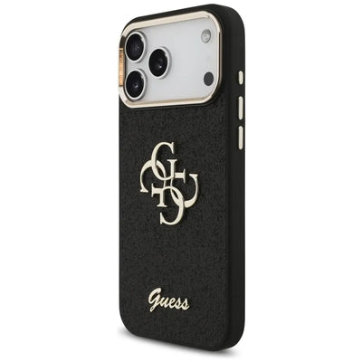 „Guess Fixed Glitter Big 4G Metal Frame“ – dėklas „iPhone 17 Pro Max“ (juodas)
