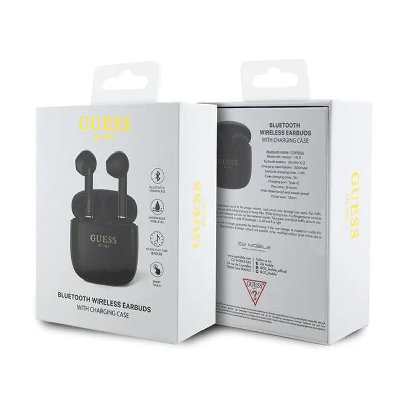 Guess True Wireless Script Logo BT5.3 – TWS ausinės su įkrovimo dėklu (juodos)