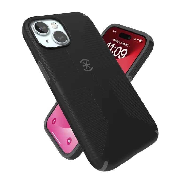 Speck Candyshell Grip MagSafe – dėklas, skirtas iPhone 17e / 16e / 15 / 14 / 13 (juodas / skalūno pilkas)