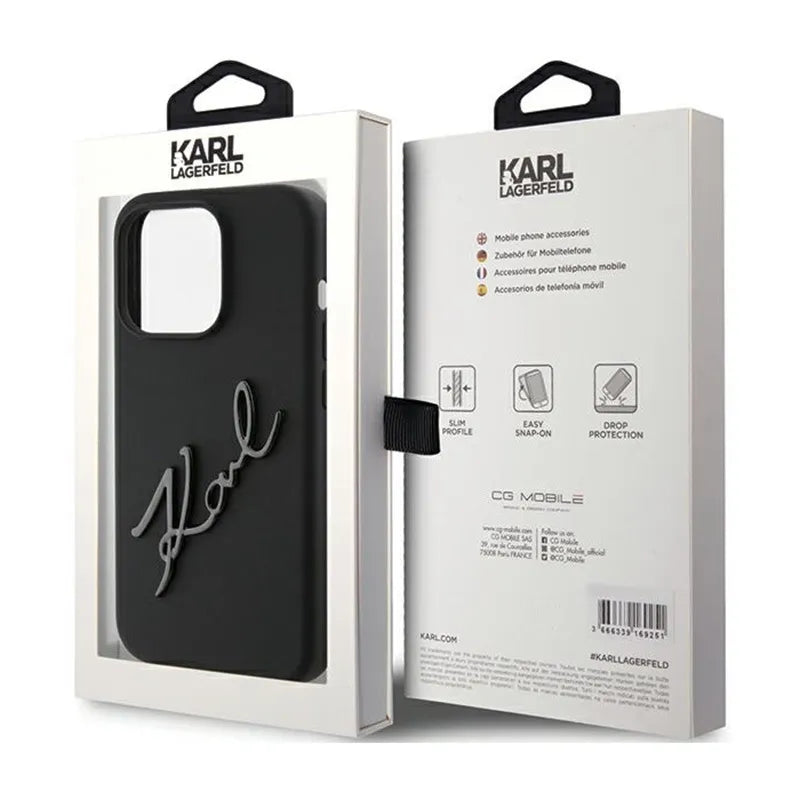Karl Lagerfeld Silicone Karl Script - dėklas, skirtas iPhone 15 Pro (juodas)
