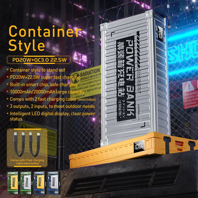 WEKOME WP-339 Container Series – 10000 mAh išorinė baterija su integruotu USB-C ir Lightning laidu, PD 20W + QC 22.5W greitasis įkrovimas (sidabrinė)