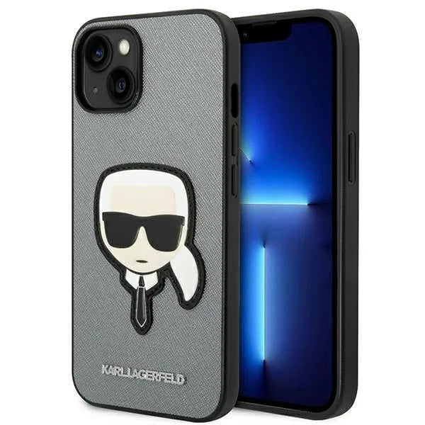 Karl Lagerfeld Saffiano Karl Head Patch dėklas iPhone 14 Plus (sidabrinis)