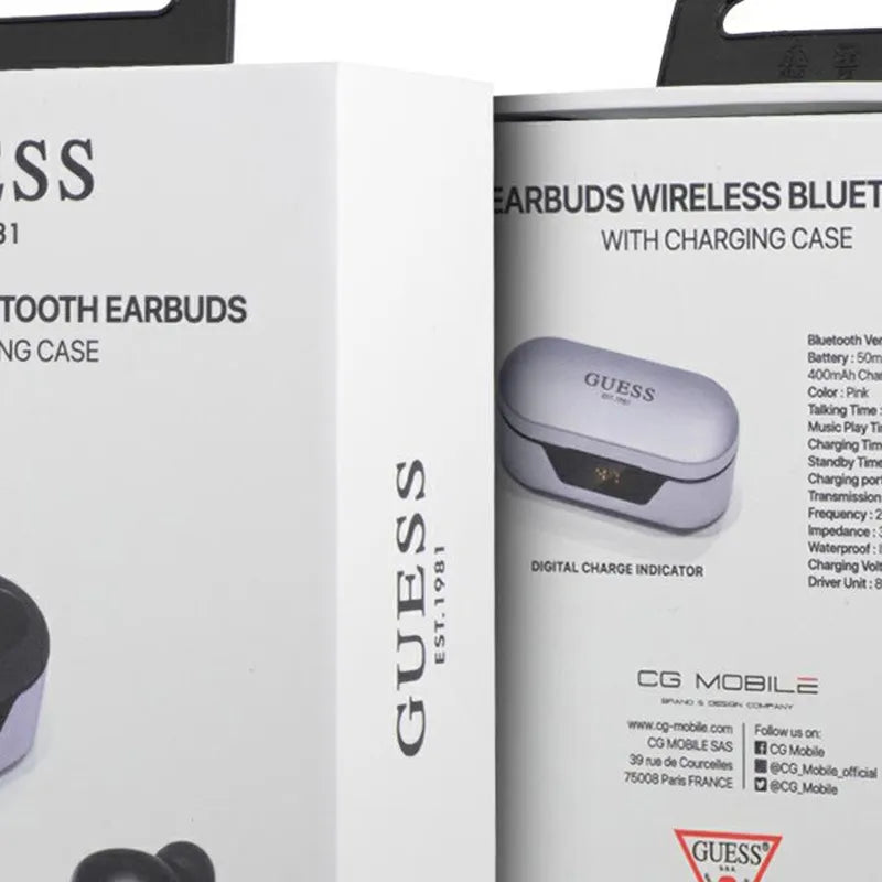 Guess belaidės ausinės BT5.0 5H – TWS ausinės + įkrovimo dėklas (violetinės)