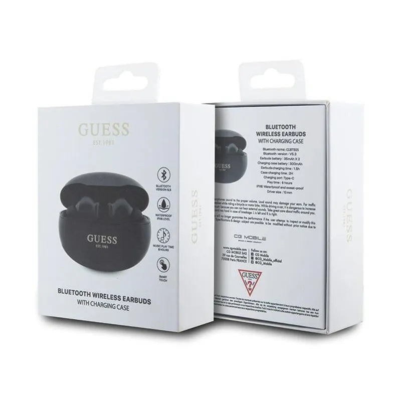 „Guess True Wireless Classic EST BT5.3“ – TWS ausinės + įkrovimo dėklas (juodos)