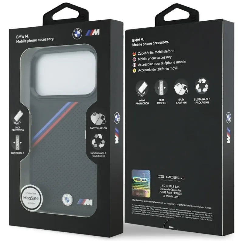 BMW M Tricolor Metal Logo MagSafe – „iPhone 17 Pro“ dėklas (juodas)