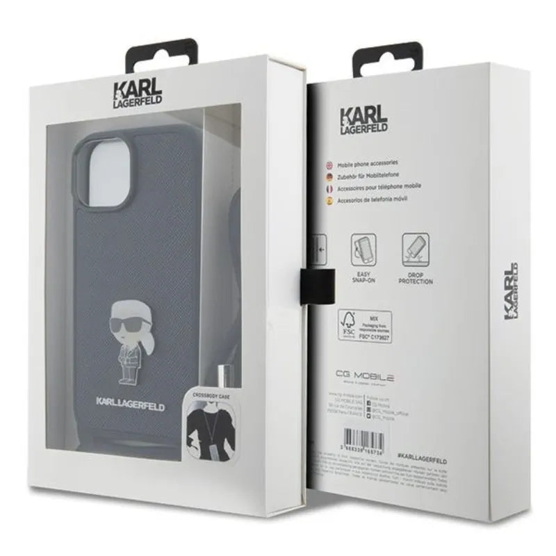 Karl Lagerfeld Crossbody Saffiano Monogram Ikonik Metal Pin – dėklas „iPhone 15“ (juodas)