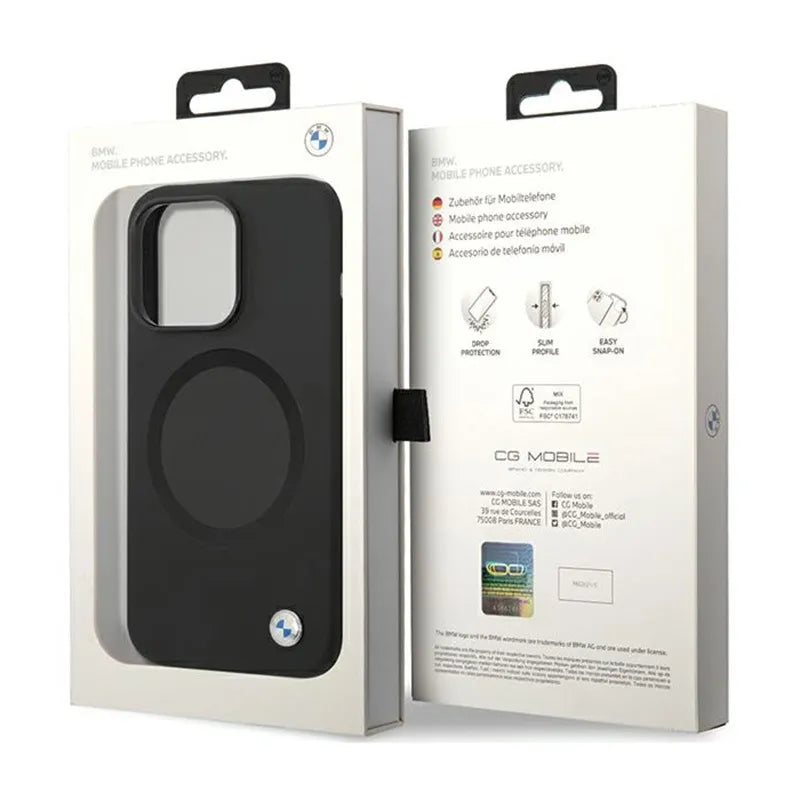 BMW Signature Liquid Silicone MagSafe dėklas, skirtas iPhone 14 Pro (juodas)