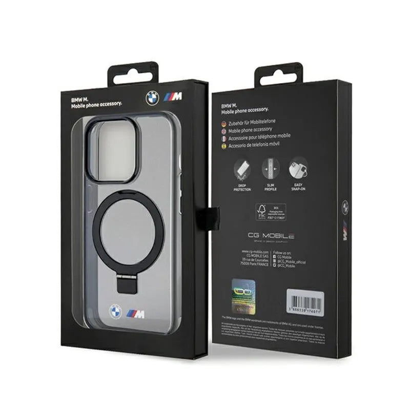 BMW Ring Stand M Collection MagSafe dėklas, skirtas iPhone 15 Pro (juodas)