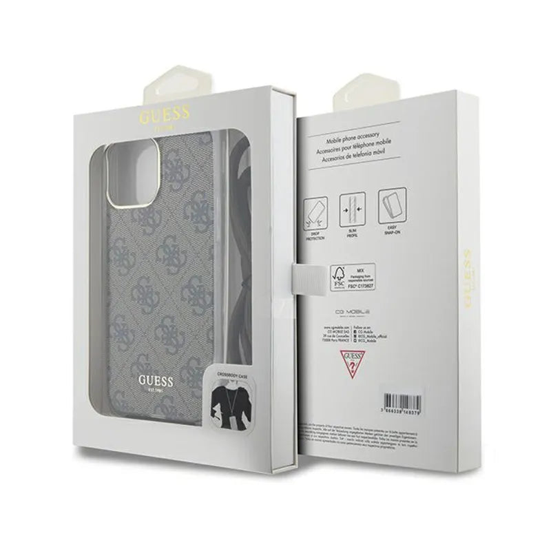 Guess Crossbody Cord 4G Print – dėklas iPhone 15 Pro telefonui (ruda)