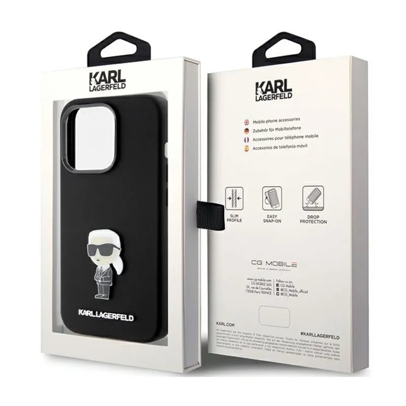 Karl Lagerfeld Silicone Ikonik Metal Pin - dėklas telefonui iPhone 15 Pro (juodas)