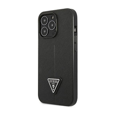 Dėklas „Guess Saffiano Triangle Logo“ – dėklas „iPhone 14 Pro“ telefonui (juodas)