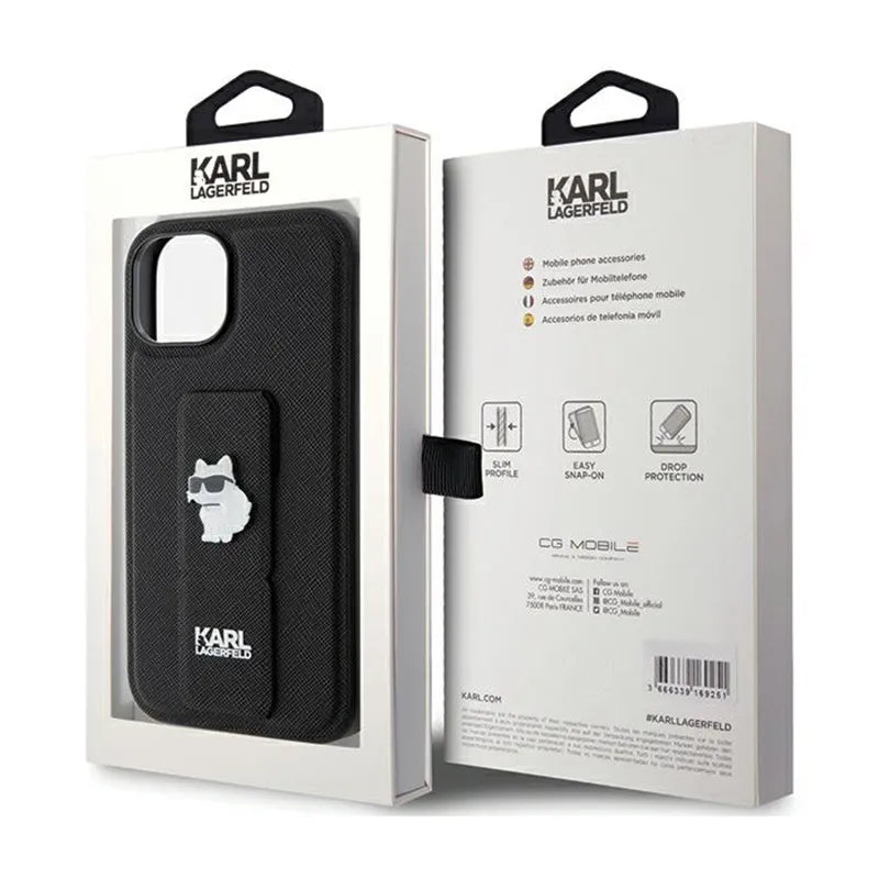 Dėklas Karl Lagerfeld Gripstand Saffiano Choupette Pins – iPhone 15 Plus (juodas)