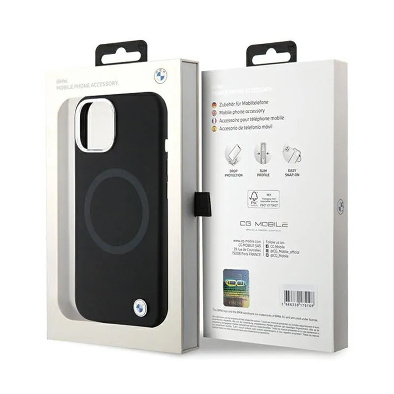 BMW Signature Liquid Silicone MagSafe dėklas iPhone 15 telefonui (juodas)