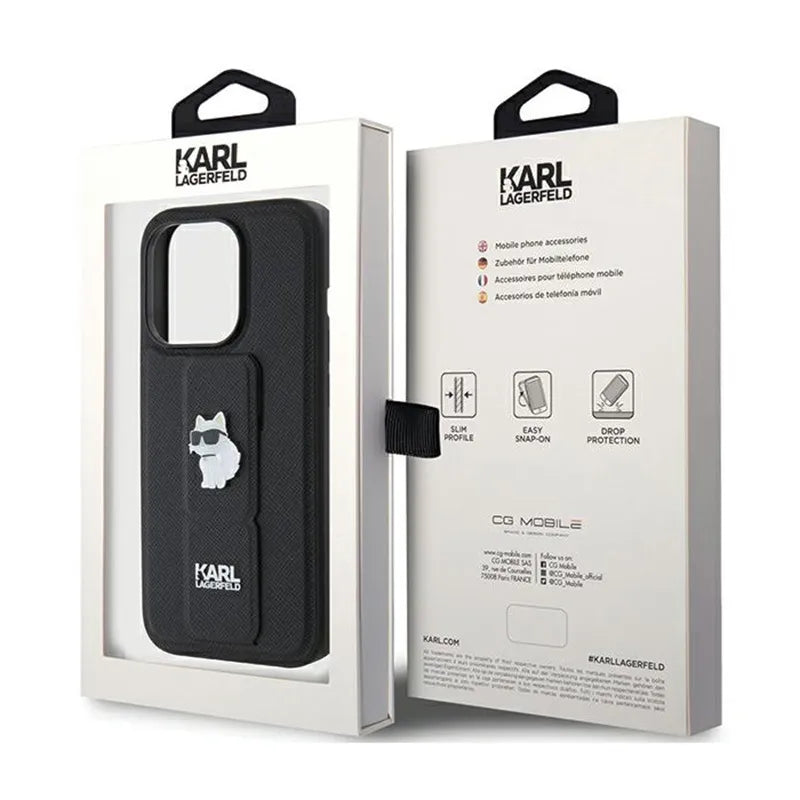 Karl Lagerfeld Gripstand Saffiano Choupette Pins – dėklas iPhone 15 Pro Max telefonui (juodas)