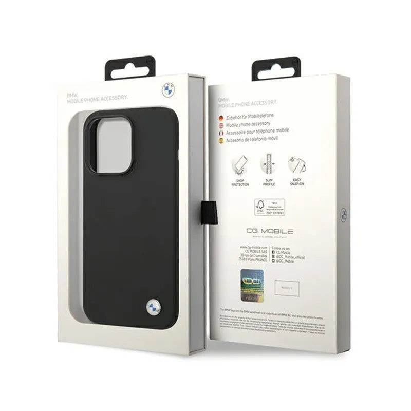 BMW Silicone Metal Logo – dėklas iPhone 15 Pro (juodas)